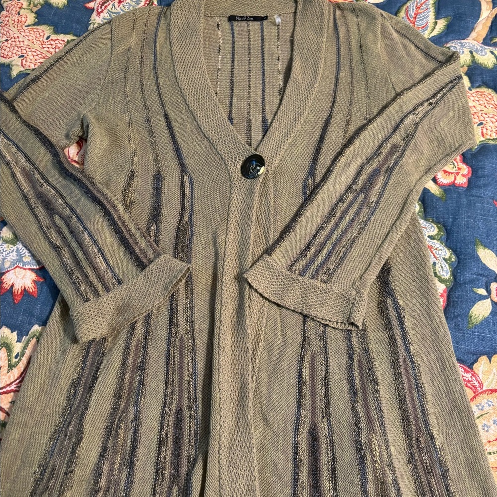 Long sweater. Sage green with navy threads, flowy style. Single front button.